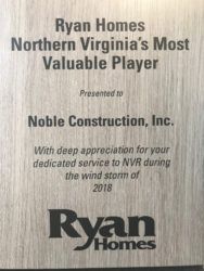 Noble Roofing Awarded Most Valuable Player by Ryan Homes